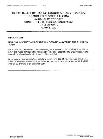 Computerised Financial Systems N5 June 2013 question paper, first page of questions