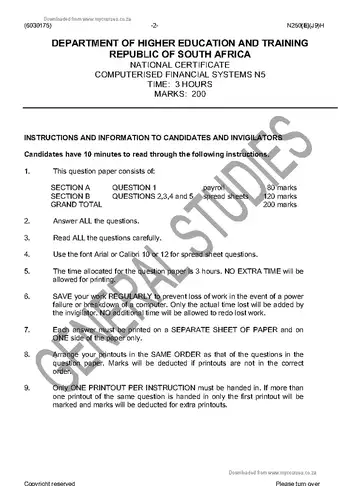 Computerised Financial Systems N5 June 2016 question paper, first page of questions