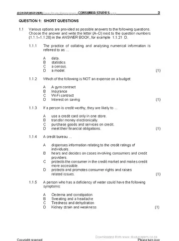 Consumer Studies Grade 11 November 2020 question paper, first page of questions