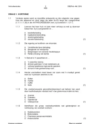 Consumer Studies Grade 12 Feb/March Supplementary 2016 (National DBE) question paper, first page of questions
