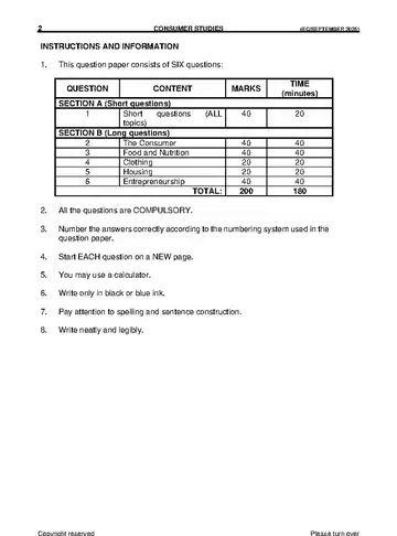 Consumer Studies Grade 12 September Trial 2025 question paper, first page of questions