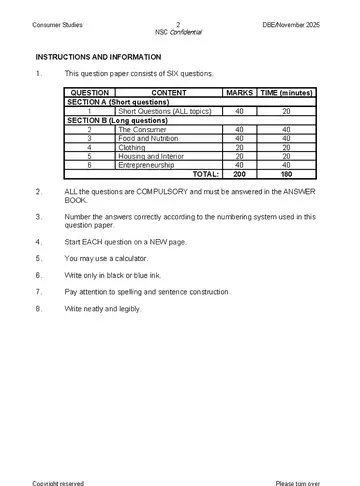 Consumer Studies Grade 12 November 2025 (National DBE) question paper, first page of questions