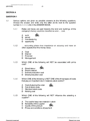 Cost and Management Accounting N5 November 2019 question paper, first page of questions