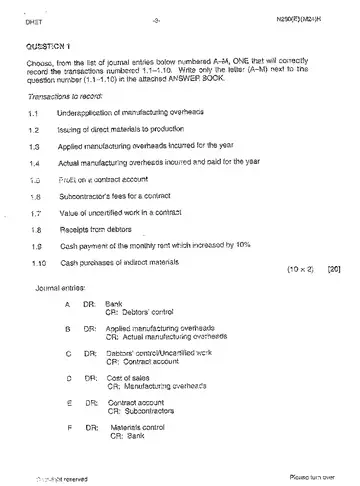 Cost and Management Accounting N6 June 2013 question paper, first page of questions