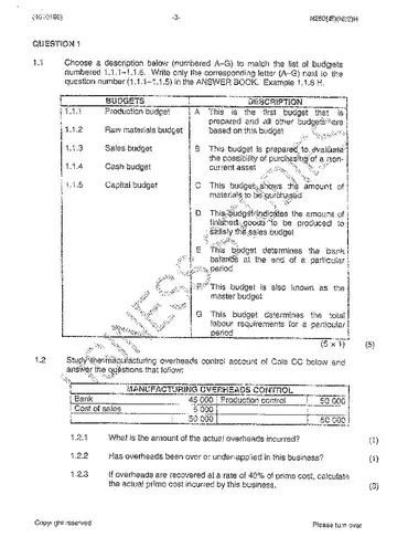 Cost and Management Accounting N6 November 2013 question paper, first page of questions
