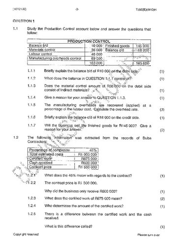 Cost and Management Accounting N6 November 2014 question paper, first page of questions