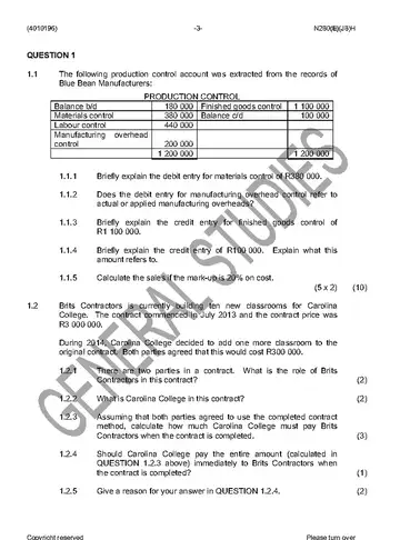 Cost and Management Accounting N6 June 2016 question paper, first page of questions