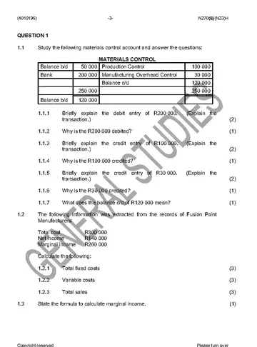Cost and Management Accounting N6 November 2016 question paper, first page of questions