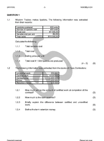 Cost and Management Accounting N6 June 2018 question paper, first page of questions