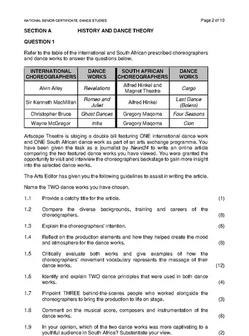 IEB Dance Grade 12 November 2023 (IEB) question paper, first page of questions