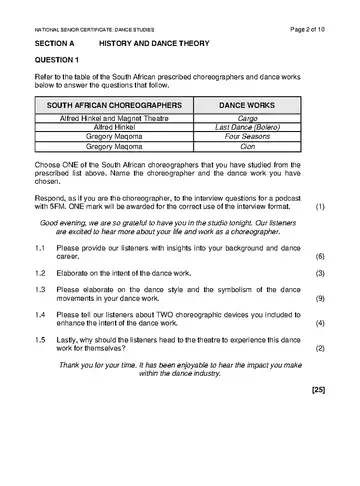 IEB Dance Grade 12 November 2024 (IEB) question paper, first page of questions