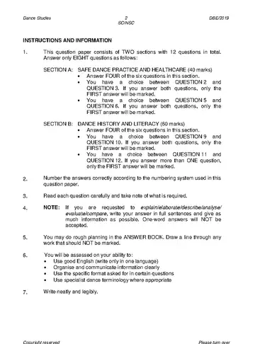 Dance Studies Grade 12 May/June 2019 question paper, first page of questions