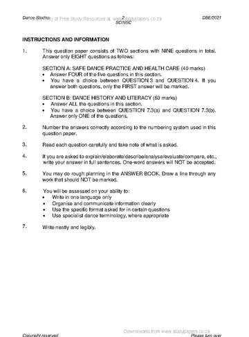 Dance Studies Grade 12 May/June 2021 question paper, first page of questions