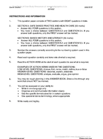 Dance Studies Grade 12 May/June 2022 question paper, first page of questions