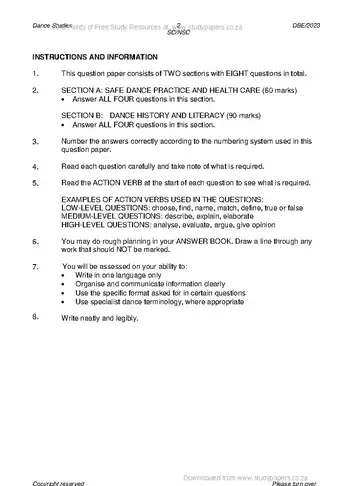 Dance Studies Grade 12 May/June 2023 question paper, first page of questions