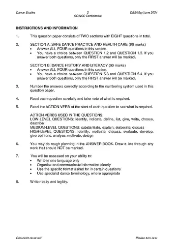Dance Studies Grade 12 May/June 2024 question paper, first page of questions