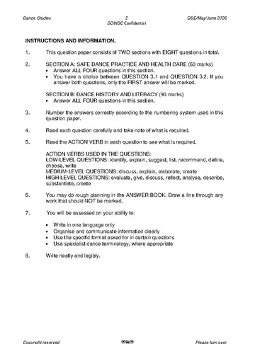 Dance Studies Grade 12 May/June 2026 question paper, first page of questions
