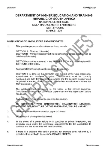 Data Management Farming N4 June 2016 question paper, first page of questions