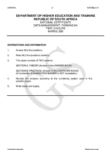 Data Management Farming N4 June 2018 question paper, first page of questions