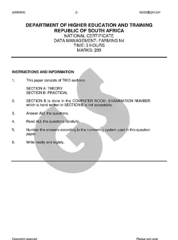 Data Management Farming N4 November 2018 question paper, first page of questions