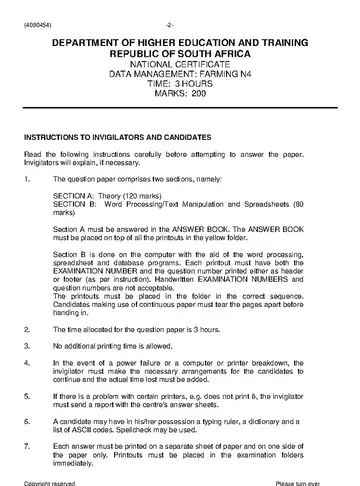 Data Management Farming N4 November 2020 question paper, first page of questions