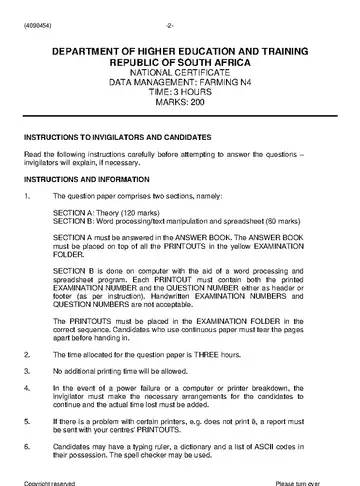 Data Management Farming N4 November 2022 question paper, first page of questions