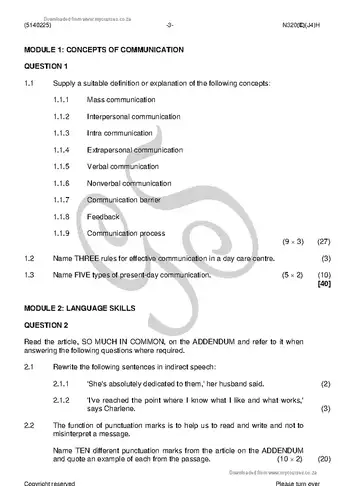 Day Care Communication N5 June 2018 question paper, first page of questions