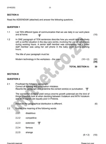 Day Care Communication N5 June 2021 question paper, first page of questions