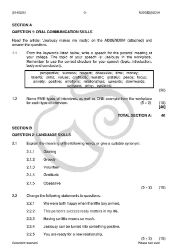 Day Care Communication N6 November 2018 question paper, first page of questions