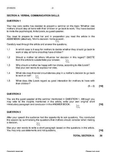 Day Care Communication N6 November 2019 question paper, first page of questions