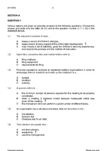 Day Care Management N6 June 2019 question paper, first page of questions