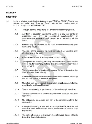 Daycare Personnel Development N4 June 2018 question paper, first page of questions