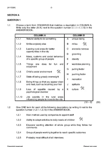 Daycare Personnel Development N4 November 2020 question paper, first page of questions
