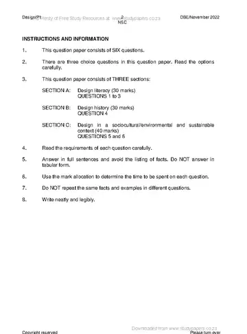 Design Grade 12 November 2022 Paper 1 (National DBE) question paper, first page of questions
