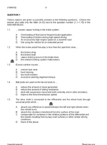 Diesel Trade Theory N2 August 2019 question paper, first page of questions