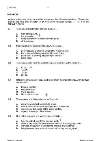 Diesel Trade Theory N2 August 2021 question paper, first page of questions