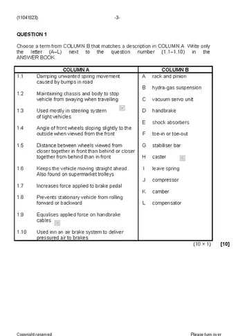 Diesel Trade Theory N3 April 2020 question paper, first page of questions