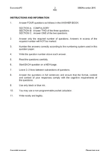 Economics Grade 12 November 2015 Paper 2 (National DBE) question paper, first page of questions