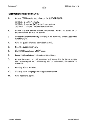 Economics Grade 12 Feb/March Supplementary 2018 Paper 1 (National DBE) question paper, first page of questions