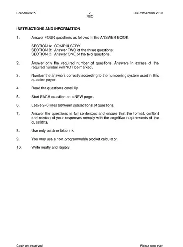 Economics Grade 12 November 2019 Paper 2 (National DBE) question paper, first page of questions