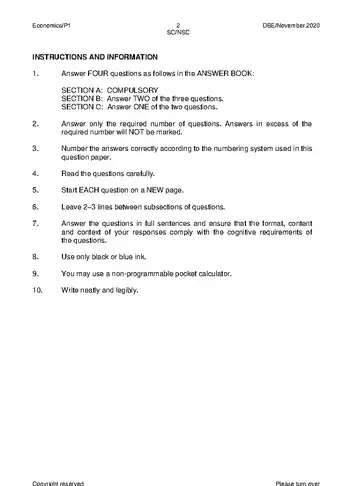 Economics Grade 12 November 2020 Paper 1 (National DBE) question paper, first page of questions