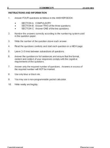 Economics Grade 12 June 2021 Paper 1 question paper, first page of questions