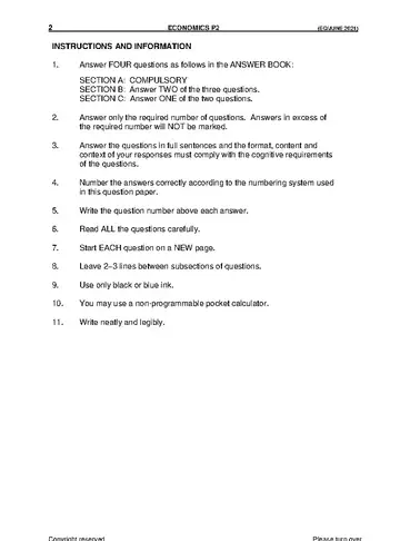 Economics Grade 12 June 2021 Paper 2 question paper, first page of questions