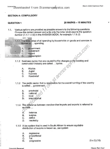 Economics Grade 12 March Test 2022 question paper, first page of questions
