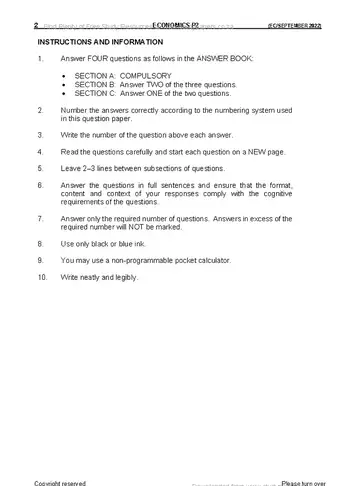 Economics Grade 12 September Trial 2022 Paper 2 question paper, first page of questions