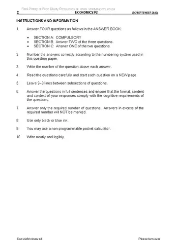 Economics Grade 12 September Trial 2023 Paper 2 question paper, first page of questions