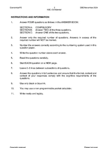 Economics Grade 12 November 2024 Paper 2 (National DBE) question paper, first page of questions