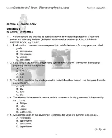 Economics Grade 12 March Test 2026 (Limpopo) question paper, first page of questions