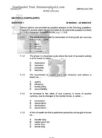 Economics Grade 12 May/June 2026 Paper 1 (National DBE) question paper, first page of questions