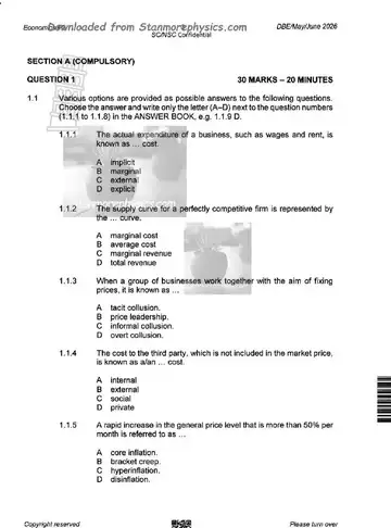 Economics Grade 12 May/June 2026 Paper 2 (National DBE) question paper, first page of questions